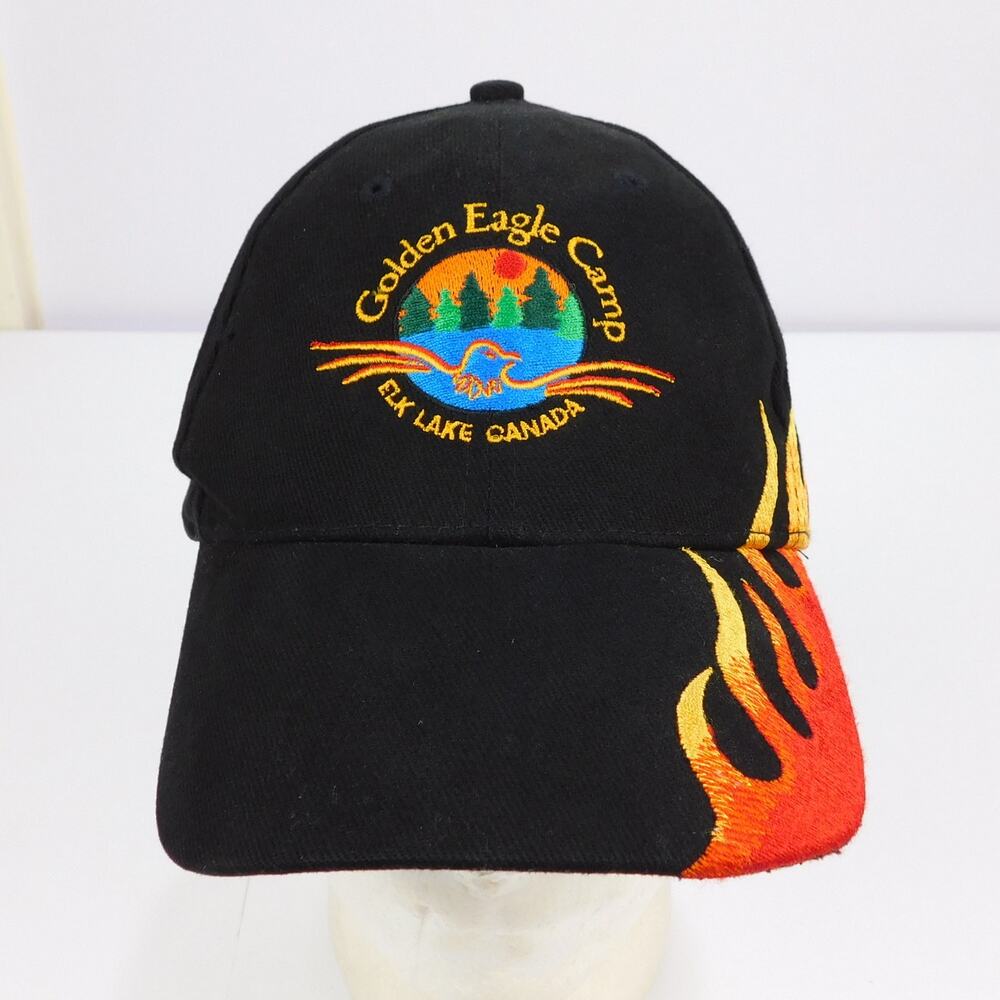 Golden Eagle Camp Elk Lake Canada Flame Embroidered Strapback Hat Biker Black